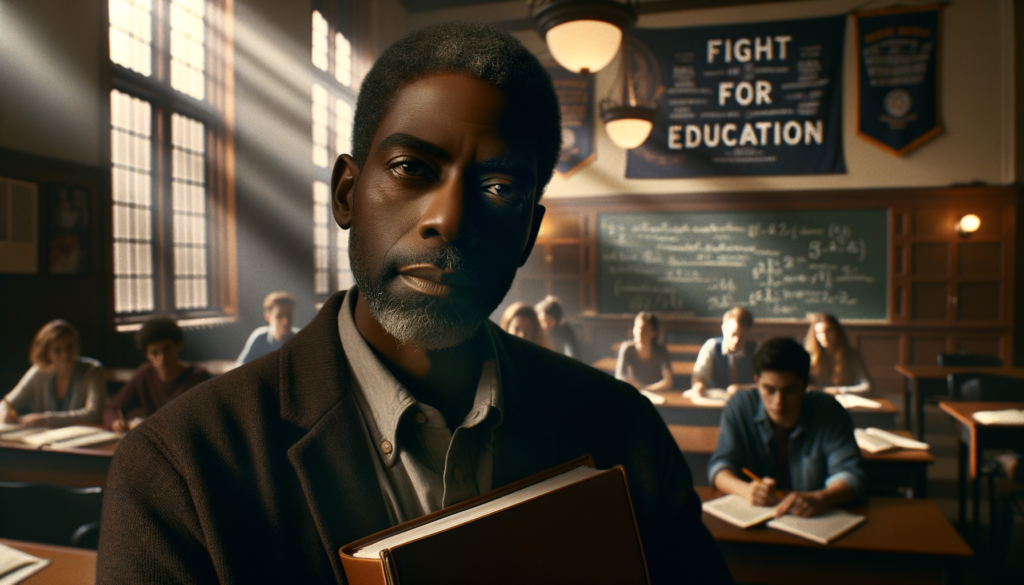 A cinematic style scene showcasing a close-up of a middle-aged Black man with a concerned expression, his dark skin tone contrasting against the soft, warm lighting of a university classroom. He is dressed in business casual attire, holding a stack of papers in one hand, symbolizing budget proposals. Behind him, the classroom is adorned with university banners and educational posters, hinting at a rich academic environment. The mood is tense yet hopeful, reflecting the crucial fight for educational equity. Visual elements include sunlight streaming through large windows, illuminating his face, while the background subtly captures students engaged in discussions. The words "FIGHT FOR EDUCATION" appear in an inspiring font on the blackboard behind him.