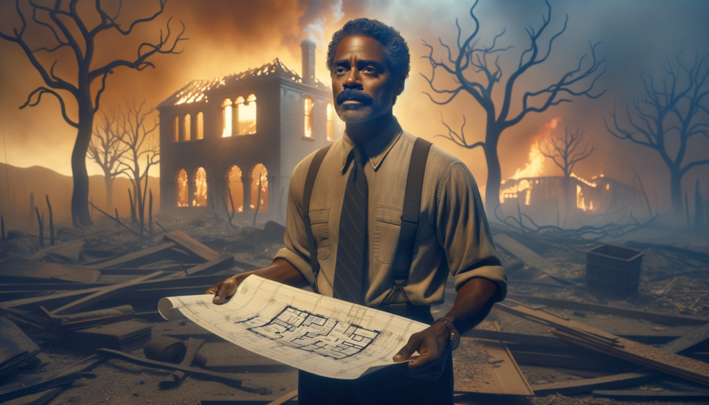 A vivid, cinematic scene of a middle-aged Black man with medium brown skin, wearing a worn but dignified shirt and jeans, standing with a determined expression against a backdrop of charred trees and smoke rising in the distance. The lighting is warm, casting a hopeful glow despite the devastation around him. In one hand, he holds a blueprint of a house, symbolizing his fight for recovery and resilience. The background features a partially burnt historic building, representing the rich cultural heritage of the Altadena and Pasadena communities. The mood is one of determination and hope.