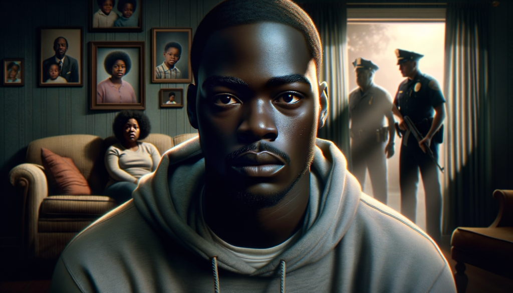 A vivid, cinematic scene featuring a close-up of a Black male with a stocky build, in a gray hoodie, expressing anxiety as he stands in a dimly lit living room. His dark skin glistens under the soft light filtering through a window, casting shadows that accentuate his worried expression. In the background, the worried faces of a Black female and an older Black man can be seen, depicting their concern as shadows loom ominously from police officers outside the slightly open door, creating a tense atmosphere. The mood is one of uncertainty and fear, highlighting the emotional weight of the moment. Include visible elements like family photographs on the wall to convey a sense of home that is disrupted. Text in the image reads 