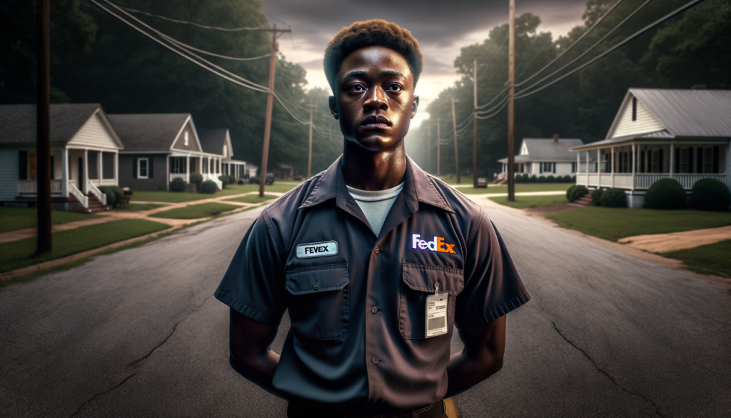A vivid, cinematic scene featuring D'Monterrio Gibson, a 24-year-old Black FedEx delivery driver with medium brown skin and short, curly hair, standing at the center of a quiet suburban street in Brookhaven, Mississippi. He is wearing a FedEx uniform, looking determined yet vulnerable as he looks down the road, tense with the undercurrent of fear. The lighting is a soft, overcast gray, evoking a somber mood as the trees surrounding the street gently sway in the wind. In the background, a glimpse of a modest house is visible, hinting at a suburban setting while maintaining clarity and focus on Gibson's expression. The theme reflects the narrative of racial tension and injustice without depicting violence, emphasizing Gibson's courage in the face of adversity. The image highlights a single FedEx truck parked nearby, symbolizing his work environment. Include the text 