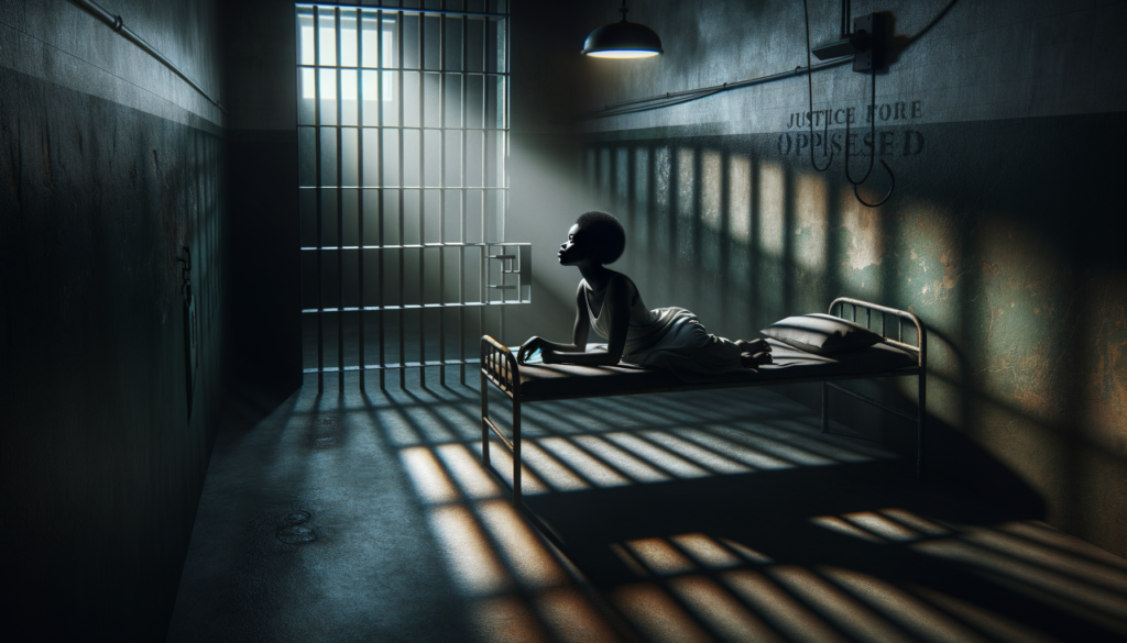A vivid, cinematic scene featuring a dimly lit cell within Rikers Island, with sharp shadows accentuating the starkness of the environment. In the foreground, a 23-year-old Black woman with medium brown skin, Charizma Jones, lies on a thin, uncomfortable cot, her face expressing a mix of fatigue and determination as she gazes out of the barred window, symbolizing her longing for freedom and the neglect she has faced. The background showcases a cold and sterile cell, with walls painted in muted gray and a sparse atmosphere enhanced by the harsh fluorescent light flickering above. An element of hope is hinted at through a small ray of sunshine piercing through the bars, illuminating Charizma's face, capturing the tragic essence of systemic neglect. The text 