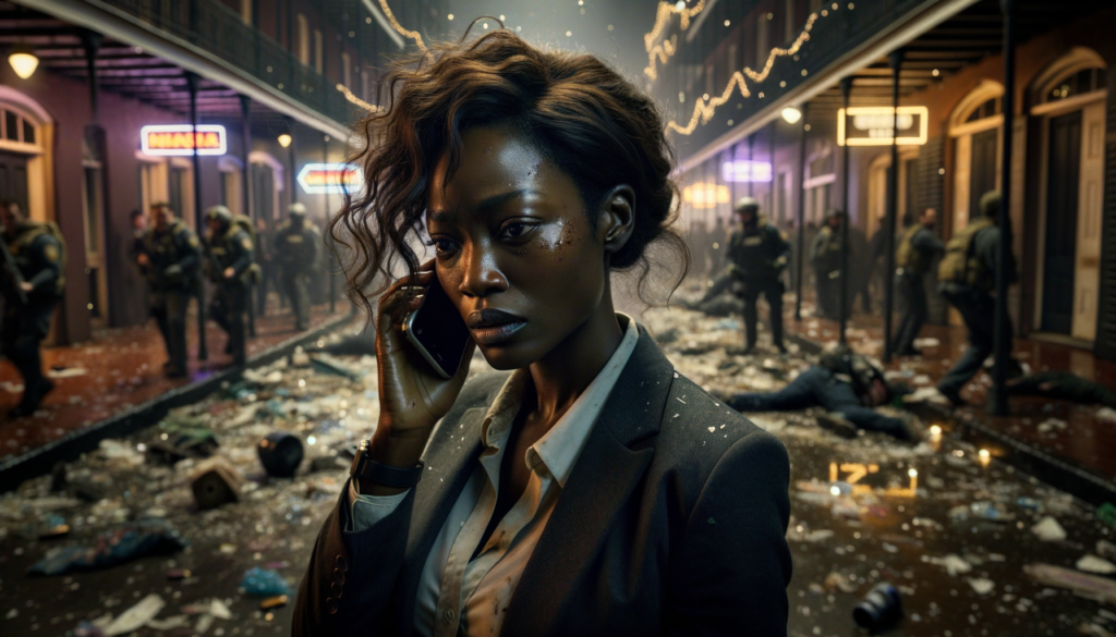 A vivid, cinematic scene depicting a dimly lit Bourbon Street on January 1, 2025, with shattered glass and debris scattered on the ground. In the foreground, a visibly distressed Black woman in her mid-30s, Assistant Special Agent Alethea Duncan, with medium brown skin and expressive dark eyes, is shown on her phone, conveying a sense of urgency. Her professional attire is slightly disheveled, reflecting the chaos around her. In the background, anguished expressions of diverse revelers are visible, amidst flickering neon lights and confetti remnants, capturing a haunting mood of tragedy and turmoil. The words 