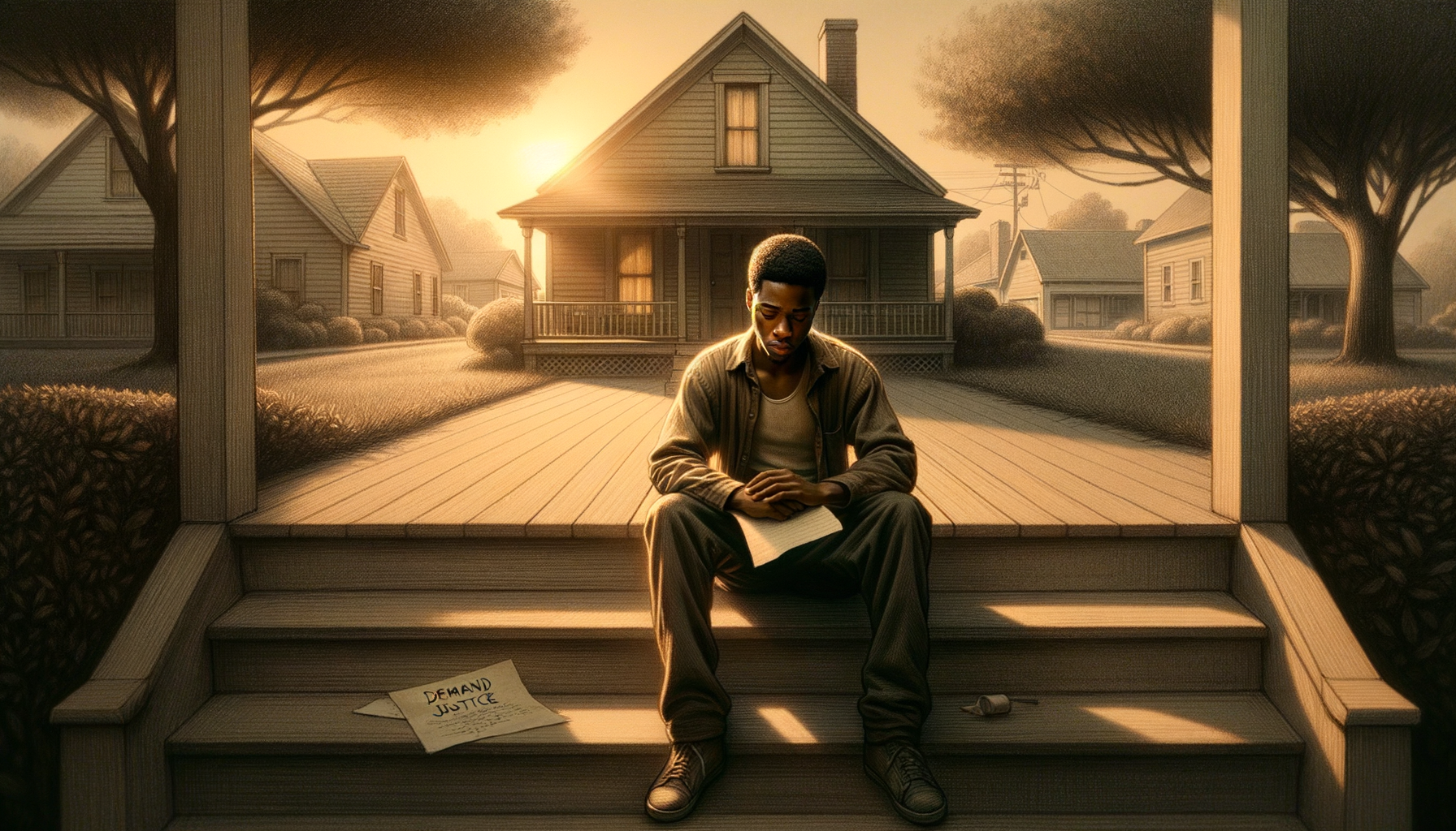 A vivid, cinematic scene illuminated by soft morning light, capturing a close-up of an 18-year-old Black male with medium brown skin and short, curly hair, looking contemplative and sorrowful as he sits on the front steps of a modest home. The background features a quiet, suburban street lined with trees and a distant view of the Knox County Sheriff's Office, symbolizing the ongoing sense of tension and community unrest. The mood is somber yet reflective, highlighting themes of justice and accountability, with a single tear glistening on his cheek as he holds a piece of paper that reads 