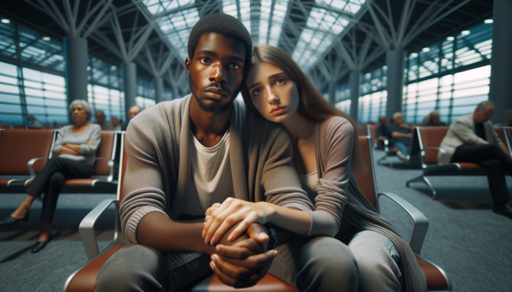 A cinematic style scene featuring a close-up of an interracial couple, Anthony Williams, a Black man with medium brown skin and short hair, and Katsiaryna Shasholka, a white woman with fair skin and long brown hair. They are sitting together in an airport terminal, looking distressed and holding hands tightly, conveying a sense of vulnerability and emotional turmoil. The lighting is soft and natural, creating a poignant mood as they are surrounded by blurred figures of other travelers in the background, emphasizing their isolation. The terminal features modern design elements like large glass windows and sleek seating areas, highlighting the airport setting. The image should capture the theme of racial profiling with a focus on the couple's expressive faces, portraying feelings of confusion and sadness. Include the text