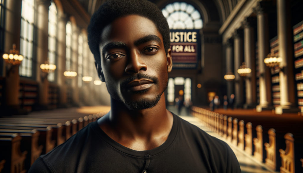 A vivid, cinematic scene featuring a close-up of Charles Murrell III, a Black man with medium brown skin, expressing determination and resilience. He stands confidently in the foreground, wearing a casual black T-shirt, with the Boston Public Library visible in the blurred background. The lighting is warm and natural, highlighting his facial features and the strength in his expression. The atmosphere conveys a sense of justice and hope, reflecting the victorious outcome of his legal battle against hate. A subtle sign in the background reads 