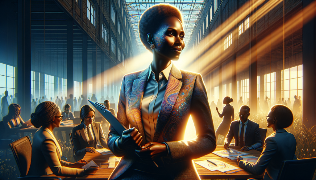 A cinematic style scene capturing the essence of Kenya's battle against femicide, bathed in soft morning light. In the foreground, a determined middle-aged Black Kenyan woman, with short natural hair and a professional attire, stands holding a clipboard, her expression a mix of hope and resolve. In the background, the partially constructed office of the newly formed task force looms, with a few colleagues engaged in discussions, their faces reflecting a blend of urgency and dedication. The mood is one of proactive engagement, highlighting the importance of addressing gender-based violence.