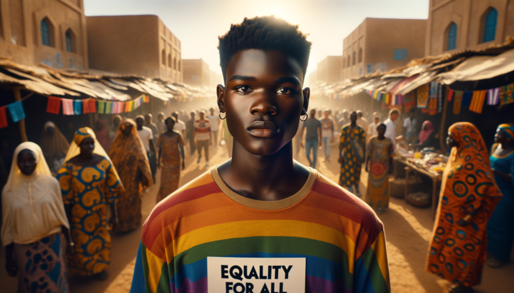 A vivid, cinematic scene showcasing a young Black LGBTQ activist with medium brown skin, expressive eyes filled with determination, standing in the foreground. The activist, wearing a colorful pride-themed t-shirt.