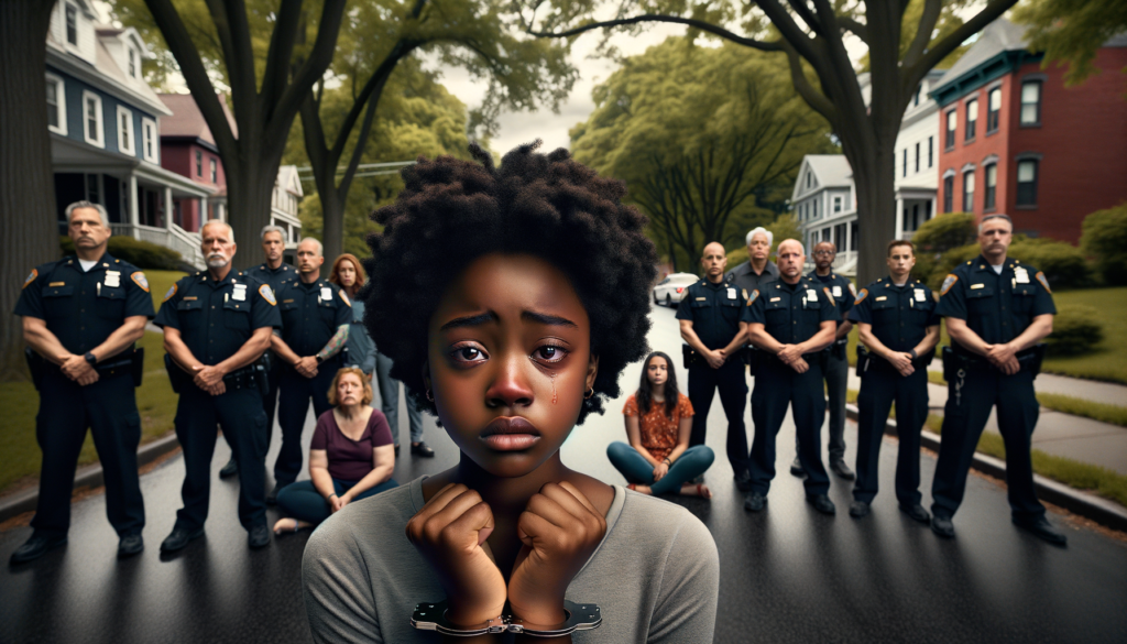 A vivid, cinematic scene with soft, diffused lighting highlighting an 11-year-old Black girl with medium brown skin, tears in her eyes, sitting on the sidewalk. She is surrounded by her friends, who are expressions of shock and support, illustrating a strong sense of camaraderie. The background captures a suburban Syracuse street, with trees lining the way and a few onlookers in the distance, evoking a mood of sadness and solidarity. The theme of systemic injustice is underscored by the girl's handcuffed wrists, with a close-up on her face showing vulnerability and strength. Include subtle visual elements, such as faintly visible police cars in the background, to emphasize the context without creating excessive clutter.