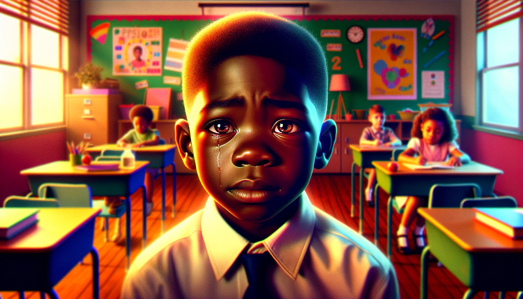 A vivid, cinematic scene showcasing a 5-year-old Black boy with warm brown skin, his expression a mixture of fear and confusion as he sits on a classroom floor surrounded by colorful educational posters. The soft, natural light illuminates his tear-streaked face, highlighting the innocence in his large, expressive eyes. In the background, a desk is slightly visible with a ruler lying on it, hinting at the recent incident. The room is designed for young children, with bright colors and playful decorations, but the mood is solemn and heavy, evoking feelings of concern and safety. The visual elements focus on the child's emotional turmoil, emphasizing the need for protection and safety in learning environments.