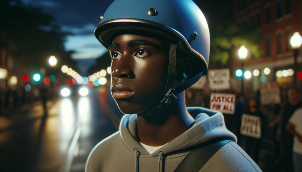A vivid, cinematic scene featuring a somber, reflective young Black man, Karon Hylton-Brown, with medium brown skin, wearing a light blue moped helmet that he should have been using, staring out into the distance with a pensive expression. The background shows a city street at dusk, with soft ambient streetlights casting a warm glow over the scene, capturing the tension and the emotional weight of the moment. Include hints of protest signs in the blurred background that read “Justice for Karon,” symbolizing the community's outrage while maintaining focus on Karon's emotional state. The atmosphere evokes a sense of introspection and urgency, emphasizing the themes of police accountability and racial justice.