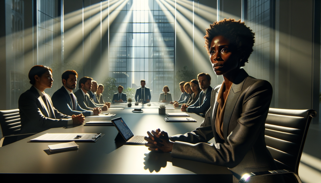 A cinematic style scene capturing a tense corporate meeting in a modern conference room. The lighting is bright and stark, casting long shadows as sunlight streams through large windows. A medium-close-up features a middle-aged Black woman with short natural hair, wearing a tailored suit and an expression of concern as she speaks passionately about inclusivity. In the background, a diverse group of colleagues, including Hispanic and Asian individuals, sit around a long table, some looking contemplative while others appear visibly troubled by the current changes discussed. The background displays a sleek corporate backdrop with minimalist decor reflecting a high-stakes corporate environment. The mood is one of urgency and resistance, highlighting the theme of corporate responsibility amid societal pressures. Visual elements include digital tablets and documents strewn across the table, symbolizing the critical discussions underway. Text in the corner reads
