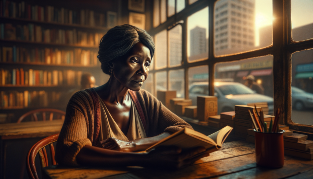 A vivid, cinematic scene of a heartfelt moment between a middle-aged Black Zimbabwean author, Tsitsi Dangarembga, sitting at a rustic wooden table in a dimly lit Harare café, her expression a blend of hope and sadness as she gazes at a book in her hands. The warm, golden light from a nearby window casts soft shadows, highlighting her deep brown skin and weary, yet determined eyes. In the background, a blurred view of urban Harare can be seen, with bookshelves partially visible, emphasizing the scarcity of her works nearby. The mood is somber yet resilient, reflecting themes of cultural disconnection and the struggle for literary accessibility. Text overlay: