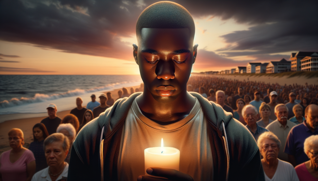A vivid, cinematic scene with soft, diffused lighting highlighting the emotions of a diverse group of individuals gathered in a public space. In the foreground, a Black man in his mid-30s with medium brown skin, wearing a casual t-shirt, expresses deep sorrow, his eyes glistening, as he holds a candle during a vigil. Behind him, a blurred background of a peaceful sunset over Virginia Beach, with gentle waves lapping at the shore, symbolizes hope and reflection. The atmosphere is solemn yet powerful, capturing the theme of remembrance and community solidarity. Text overlay reads: 