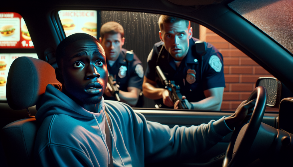 A vivid, cinematic scene with dramatic, low lighting that highlights the tension in the air. In the foreground, a 26-year-old Black man with a medium brown skin tone, wearing a casual blue hoodie, looks startled and confused, sitting in the driver’s seat of a car at a drive-thru. His eyes convey a mixture of fear and disbelief as he glances towards the approaching police officers. In the background, two white police officers, one with short dark hair and one with buzzed hair, stand with their weapons drawn, their expressions stern and commanding. The surrounding environment features a McDonald's drive-thru illuminated by the glow of neon lights, adding a stark contrast to the darkening evening sky. The mood is tense and somber, encapsulating the gravity of the situation with the word 