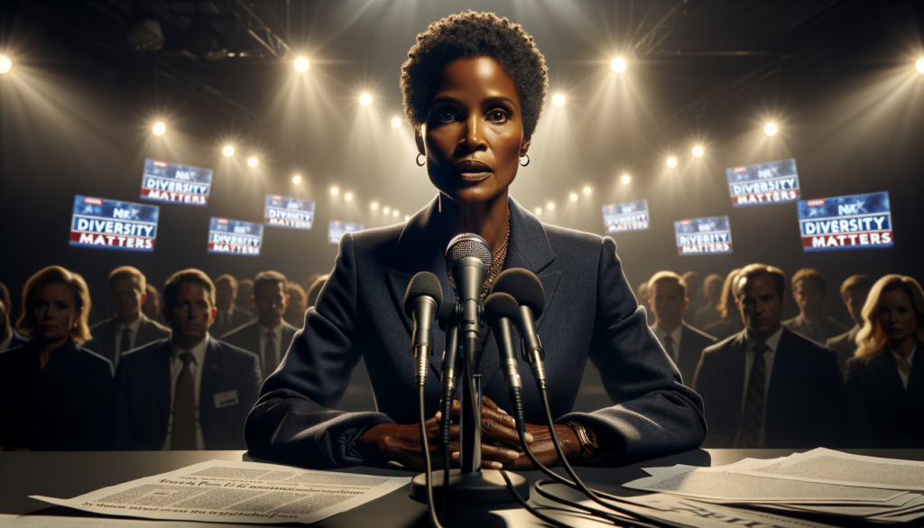 A cinematic style scene featuring a tense, indoor news conference setting with dramatic overhead lighting. In the foreground, a middle-aged Black woman with short, natural hair and a determined expression is speaking passionately into a microphone, her skin tone reflecting the warm light. She is wearing a professional navy suit and looks directly into the camera, illustrating her resolve. In the background, blurred images of television screens display headlines about DEI initiatives and aviation safety, creating a contrast between the serious discussion and the sensationalist media portrayal. The atmosphere is charged with urgency and advocacy.