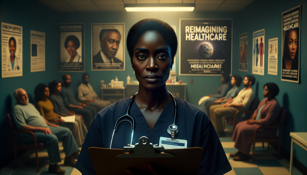 A cinematic style scene featuring a middle-aged African female health worker with dark skin and intense eyes, standing resolutely in a dimly lit clinic, holding a medical chart while looking directly at the viewer. The background shows posters advocating for health initiatives and a few patients waiting anxiously. The mood conveys urgency and determination as she embodies the challenges faced in healthcare due to dwindling funding. The visual elements emphasize the importance of community health services and convey a sense of resilience amidst global uncertainty. Text overlay reads, “Reimagining Healthcare.”