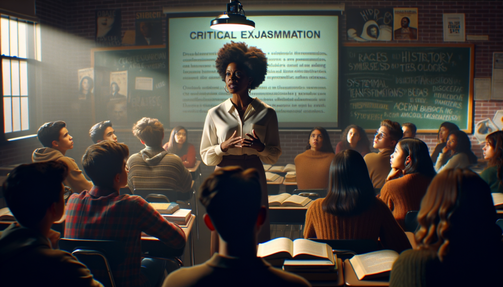 A cinematic style scene under soft, diffused lighting, showcasing a determined African American female educator in her early 30s with short curly hair, passionately addressing a diverse group of high school students in a classroom. The students, a mix of races and ethnicities, listen intently, some with furrowed brows, reflecting their concern about educational changes. In the background, a bulletin board displays history-related posters and books related to critical race theory. The mood is tense yet empowering, highlighting the struggle for academic freedom.