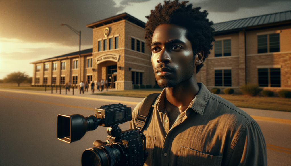 A vivid, cinematic scene with warm, golden lighting casting a soft glow on the surroundings. The focus is on Phillip Turner, a Black male journalist with medium brown skin and curly hair, holding a camera and looking determined as he records footage outside the Galveston police headquarters. His expression is one of focused resolve, reflecting the gravity of his task. In the background, the police headquarters is visible, featuring austere architecture and a placid Texas sky. The mood conveys defiance and courage as it highlights the themes of justice and the fight against police misconduct. A subtle hint of rebellion is captured, underscoring Turner's determination. The image may include the text