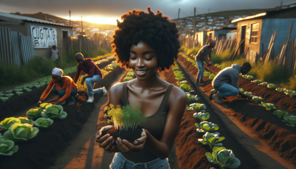 A cinematic style scene with warm golden hour lighting illuminating a group of young Black South Africans, ages 18-25, passionately working in a community garden in Khayelitsha. One young woman with curly hair and a bright smile holds a handful of seeds, her skin glistening with determination, while a young man with closely shaved hair plants seedlings into rich, dark soil. The background features vibrant rows of green vegetables, surrounded by weathered fences and simple homes, symbolizing resilience and community spirit. The mood is hopeful, showcasing the transformative spirit of urban agriculture. Visual elements highlight the youth's teamwork and connection to nature, with the words "Cultivating Change" subtly displayed on a nearby wooden sign.