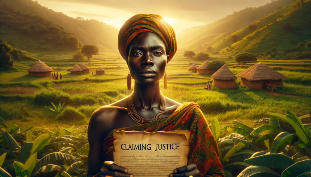 A ivid, cinematic scene with warm afternoon light illuminating a portrait of a determined Sierra Leonean woman, of Kono ethnic background, with deep brown skin and traditional attire, standing in a lush green field holding onto a piece of land documentation. Her expression embodies resilience as she gazes toward a distant village, symbolizing hope amidst struggle. The background features rolling hills and a few traditional mud houses, hinting at a community faced with challenges yet rich in culture. The mood captures a sense of urgency and determination to overcome systemic barriers, with a subtle emphasis on the importance of land rights. Text overlay reads: "Claiming Justice".