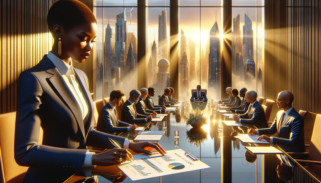 A cinematic style scene with warm, golden-hour lighting streaming through floor-to-ceiling windows, illuminating a modern African conference room. In the foreground, a close-up of a determined African woman (dark skin tone, chestnut-brown complexion) in a tailored navy suit reviews a document labeled “AFSM FUND” with a pen poised to sign. Behind her, a diverse group of African leaders (varying skin tones from deep ebony to rich mahogany, dressed in professional attire) engage in a collaborative discussion around a sleek glass table adorned with financial charts and a tablet displaying a downward-trending graph. The background features a panoramic view of a sunlit cityscape with emerging skyscrapers and wind turbines, symbolizing progress and sustainability. The mood is hopeful and strategic, with soft accents of gold and green hues in the decor reflecting growth and unity. A single map of Africa subtly embossed on the wall reinforces regional solidarity. Avoid text except the document’s “AFSM” header.
