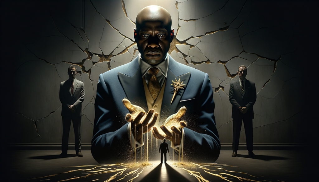 A cinematic style scene** with dramatic, chiaroscuro lighting casting sharp shadows across a dimly lit, cavernous hall resembling a hollow political arena. At the center, a close-up of a weary Black man (late 30s, dark brown skin, shaven head, dressed in a frayed navy suit) stares emptily at his upturned palm, where crumbling gold dust (symbolizing false promises) slips through his fingers. Behind him, four shadowy figures stand in partial silhouette against a cracked marble wall: 1. A Black man (40s, medium-brown skin, slicked-back hair, crisp tan blazer) mimics holding a spectral sword, his expression strained as a golden bridge beneath his feet disintegrates into ash (representing Byron Donalds’ futile loyalty). 2. A balding Black man (50s, deep brown skin, uneasy smile) clutches a frayed campaign banner