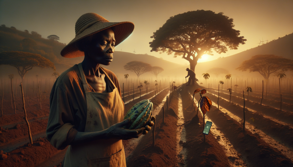 A cinematic style scene with warm golden hour lighting casting long shadows over a deforested cocoa farm. In the foreground, a determined Black woman in her 40s, with deep brown skin and a weathered sunhat, cradles a cracked cocoa pod in her calloused hands, her expression a mix of resilience and concern. Behind her, a young sapling grows beside an aging, leafless cocoa tree, its trunk scarred by disease, while distant hills show faint outlines of abandoned mining equipment. The background blends muted browns of barren soil with faint green hints of regrowth, symbolizing precarious hope. A smartphone with a blockchain traceability app glows subtly in her apron pocket, reflecting solutions-driven technology. The mood balances urgency and perseverance, avoiding explicit despair.