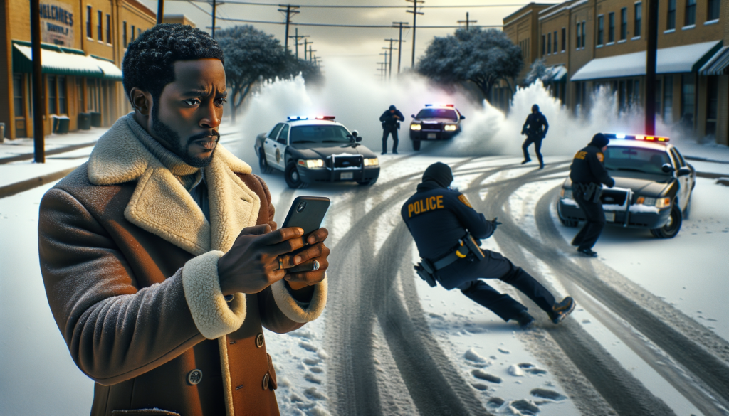 A cinematic style scene featuring a concerned African American male citizen in his 30s with medium brown skin, wearing a winter coat, standing in a snowy Houston street. He holds a smartphone capturing footage of police officers performing reckless donuts in patrol vehicles, creating a swirling cloud of snow. The lighting is a soft, overcast winter afternoon glow that reflects the seriousness of the moment. In the background, marked police vehicles are seen skidding around, their sirens flashing, underscoring a chaotic atmosphere. The mood is tense, highlighting the themes of accountability and misconduct within law enforcement. Visual elements include the contrast between the danger of the police stunts and the citizen's expression of concern. 