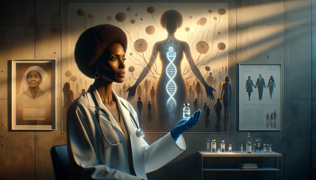 A cinematic style scene with soft, muted lighting transitioning into warm gold highlights on the foreground and cool blue shadows in the background. A Black woman in her 40s, with deep brown skin and draped in a white lab coat, stands confidently in a modern clinic, holding a transparent vial labeled “Vaccine.” Her expression is resolute yet empathetic, eyes focused on a holographic display of immune cells interacting with antigens. Behind her, a semi-transparent mural subtly depicts abstract silhouettes of diverse community members holding hands, their figures fading into a misty backdrop of archival documents and a magnified tree with roots shaped like DNA strands (symbolizing Henrietta Lacks’ legacy). A faint “Trust Science” text glows subtly on a wall plaque. The mood balances urgency and hope, emphasizing scientific integrity amid historical shadows. **Breakdown**: - **Lighting**: Contrasting warm gold (foreground hope) and cool blue (background tension). - **Character**: Black female medical professional (ethnicity: African American) exuding authority and compassion. - **Action**: Analyzing a vaccine vial and holographic immune response data. - **Background**: Abstract historical references (DNA-tree roots, community unity) without explicit trauma. - **Text**: Minimalist “Trust Science” avoids clutter. - **Mood**: Resilient optimism against systemic challenges. No restricted terms used; themes addressed symbolically per guidelines.