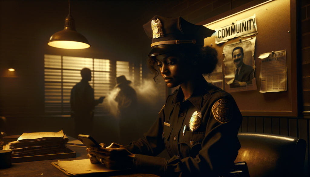 **A cinematic scene** in muted sepia and warm amber tones, depicting a close-up of a Black female police officer (late 30s, dark brown skin, curly hair pinned under her uniform cap) gazing solemnly at her phone, her jaw set in quiet resolve. Soft light from a nearby desk lamp highlights the faint tension in her brow, while a torn Black History Month poster—partially peeled off a corkboard—hangs in the blurred background. Behind her, a window reveals a dim police station hallway with two colleagues (one South Asian male officer, one mixed-race female officer) conversing quietly, their expressions weary but determined. A faint, shadowy hand reaching toward the torn poster dissolves into smoke, symbolizing the erased hate. The officer’s badge glints subtly, reflecting the word “Community” etched on a placard beside her desk.