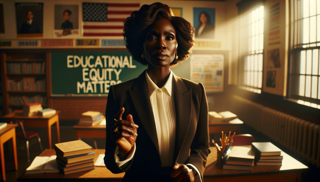 A cinematic style scene of a determined middle-aged Black woman, with deep brown skin and wearing professional attire, standing in a bright, sunlit classroom filled with books and educational posters. She has a resolute expression as she gesticulates passionately, conveying urgency and conviction about preserving educational equity. 