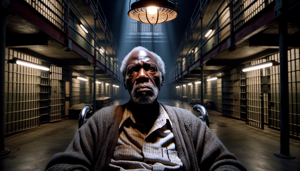 A cinematic style scene featuring a close-up of an elderly African American man in a wheelchair, his face displaying a mix of fear and vulnerability, as he gazes towards a dimly lit jail cell in the background. The lighting is harsh with shadows casting across his weathered face, highlighting the hollows and lines of a life filled with struggle. The background includes the stark and cold interior of an Alabama jail, with faded paint and metal bars, conveying a sense of confinement. The atmosphere is heavy, reflecting an urgent call for change and accountability. Visual elements include a flickering fluorescent light above, emphasizing a grim reality. 