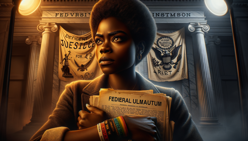 A cinematic style scene with dramatic split lighting, casting warm amber hues on the foreground and cool steel-blue shadows in the background. **Close-up of a Black woman in her 30s, with deep brown skin and a determined expression**, her brows furrowed and eyes focused upward as she holds a crumpled document labeled “Federal Ultimatum” in one hand. Her other hand rests protectively on a stack of books titled *DEI in Education* and *Justice for All*, her sleeve rolled up to reveal a wristband with rainbow and Pan-African colors. Behind her, a dimly lit university administration building looms, its marble columns cracked and draped with protest banners reading “RESIST” and “DEFEND DEI” in bold, faded letters. A withered university seal hangs askew on the wall, flanked by a tipped-over scale of justice and a tiny sapling sprouting defiantly from the floor. The atmosphere is tense yet hopeful, blending defiance and vulnerability under the weight of institutional crisis.