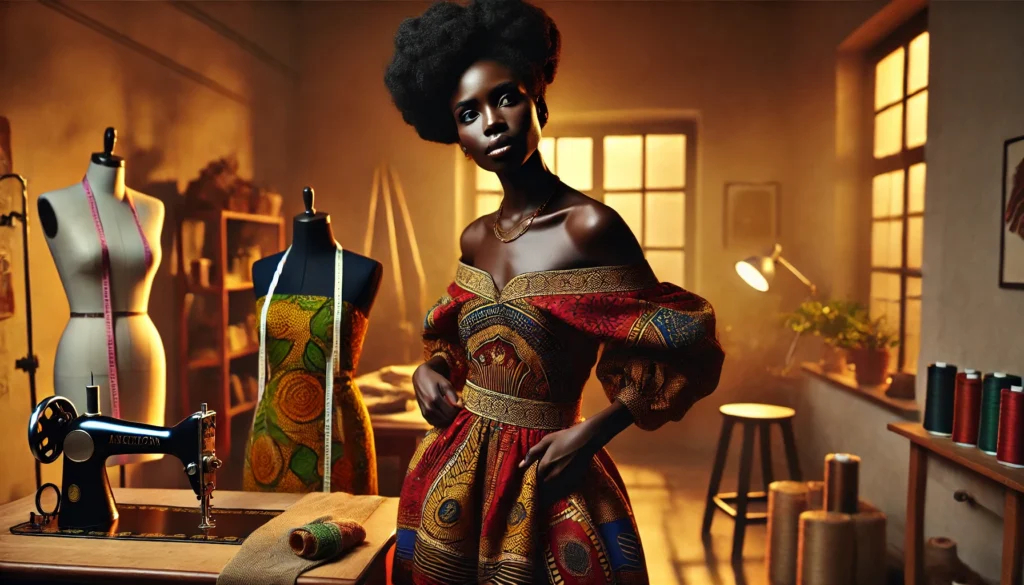 **AI Featured Image Prompt:**  

A cinematic style scene featuring a bold and determined Black African fashion designer in their mid-30s, wearing a handcrafted, vibrant sustainable garment with intricate African patterns. The subject, a dark-skinned woman with natural hair styled in an elegant updo, stands confidently under warm, golden lighting. She adjusts the hem of a beautifully upcycled dress on a mannequin, her expression reflecting both passion and defiance. In the softly lit background, a minimalist yet refined fashion studio is visible, with a wooden sewing table, rolls of organic fabric, and a sketchpad displaying an innovative fashion design. The atmosphere evokes a sense of artistry and rebellion against fast fashion, with a strong focus on cultural heritage and sustainability.