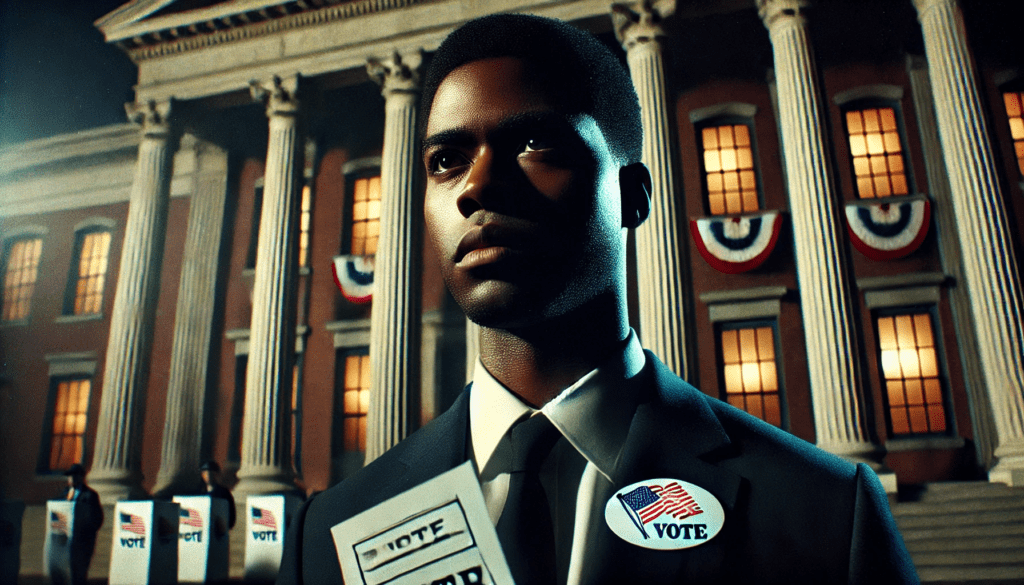 A vivid, cinematic scene with dramatic, moody lighting. Show a close-up of an African American voter with a medium-brown skin tone, standing in front of a courthouse facade. The voter clutches a ballot, eyes filled with determined frustration, capturing the emotional weight of disenfranchisement. In the background, a minimal sign reads “Vote Now,” partially blurred to symbolize legal battles. The overall mood is urgent and somber, highlighting the fight against modern voter suppression and systemic injustice.