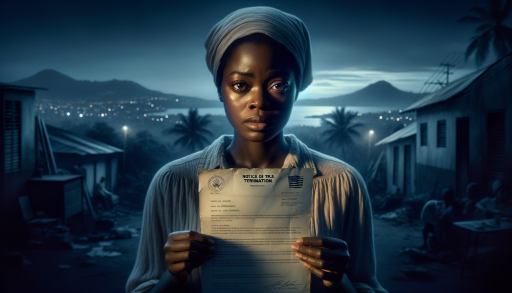 A cinematic style scene depicting a Haitian woman in her mid-30s with medium-dark skin tone, wearing a faded blouse and holding an official letter labeled “NOTICE OF TPS TERMINATION” in trembling hands. Her expression is a blend of resolve and unease, her eyes glistening under muted twilight lighting that casts long shadows. Behind her, a blurred cityscape merges elements of Port-au-Prince’s jagged horizon (subtle hints of palm trees and distant hills) with a generic U.S. urban skyline, symbolizing her uncertain duality of home. A faint outline of a keffiyeh-clad protestor’s silhouette is barely visible on a weathered poster in the background, evoking solidarity. The scene uses cold blue tones with a solitary golden-hour streak across the document, emphasizing tension between loss and lingering hope. No text except the four-word notice.