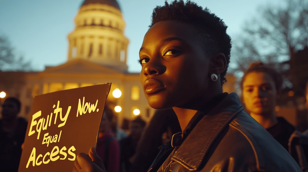 A cinematic style scene… showcasing a predominantly white Arkansas State Capitol building bathed in the golden light of late afternoon. A small group of protestors, diverse in age and ethnicity but leaning largely towards younger adults, hold signs in the foreground; one sign reads "Equity Now." A Black, non-binary individual, approximately 22 years old with short, styled hair and a focused gaze, is prominently featured, raising a fist slightly. The lighting is warm and highlights the architectural details of the capitol, while casting long shadows from the protestors. The background showcases a well-maintained lawn and distant trees. The overall mood is determined and principled resistance against perceived injustice. **Text:** "Equal Access"