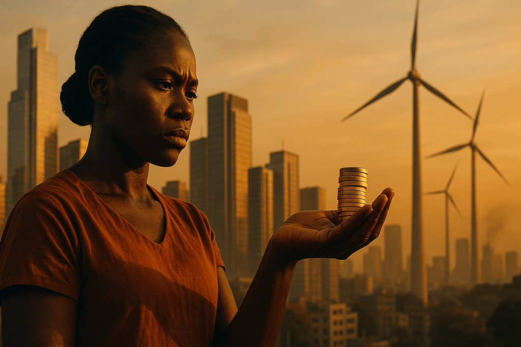 Create a vivid, cinematic scene under warm, sunset lighting that focuses closely on a determined Black African woman with deep brown skin, standing tall in a bustling modern cityscape. Her gaze is resolute as she contemplates a small stack of symbolic golden coins in her hand, visually representing the massive climate debt owed to the continent. Skyscrapers and clean-energy wind turbines rise in the background, hinting at a future of sustainable urban development. Despite the faint haze of industrial smog on the horizon, the overall mood conveys both the weight of environmental injustice and a tenacious hope for Africa’s self-determined growth.