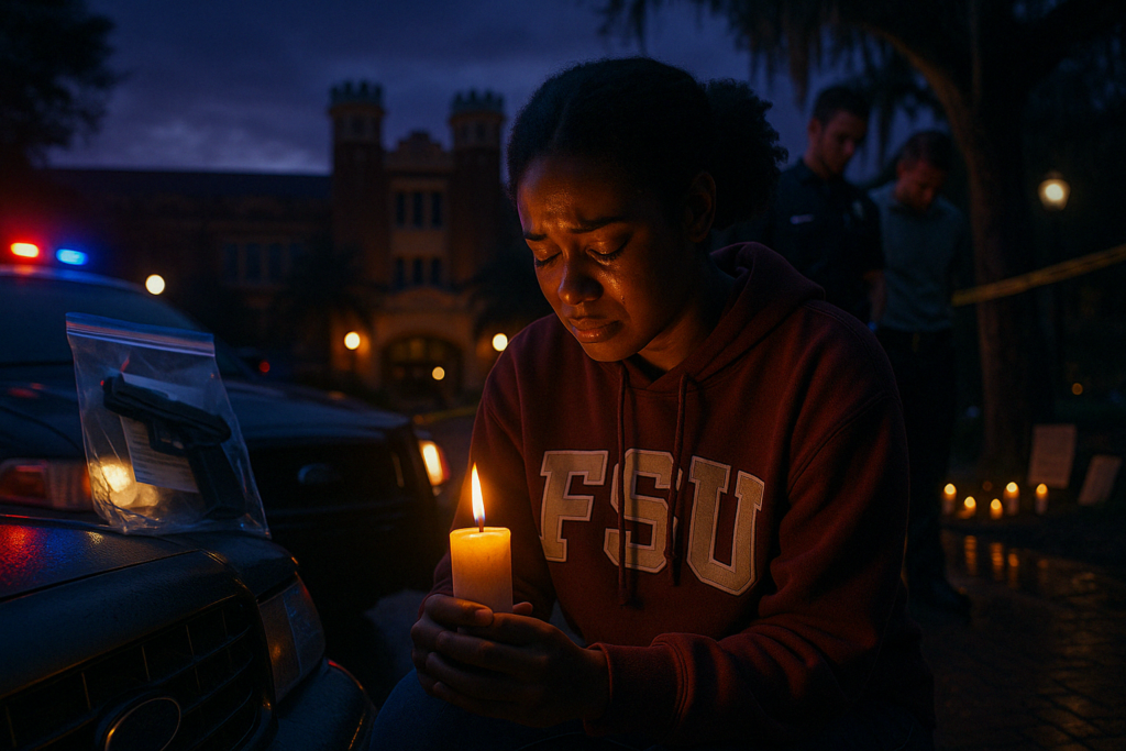 A young Black woman in an FSU hoodie kneels on a rain-soaked brick walkway at dusk, holding a lit candle with tears on her cheeks. Behind her, a police cruiser displays a Glock 19 in an evidence bag. In the distance, a handcuffed white male suspect is escorted by an officer, with Florida State University's Westcott Building silhouetted against a twilight sky. Memorial candles and caution tape mark the somber scene.