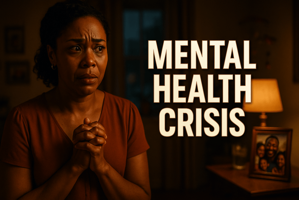 A distressed African American woman with medium-brown skin clasps her hands tightly in a warmly lit living room, her face filled with fear and worry. She sits beside a table holding a framed family photo of a smiling Black man with children, while a soft-glowing lamp and dim background emphasize the emotional tension. Large text reading "MENTAL HEALTH CRISIS" appears above her in bold white letters, conveying the urgency and gravity of the situation.