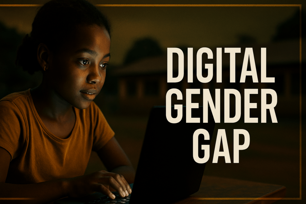 A young African girl with dark skin sits in low, warm lighting, intently focused on a glowing laptop screen. She wears a simple brown shirt, and her face is softly illuminated by the screen’s light, reflecting curiosity and determination. In the background, a blurred rural school setting is visible. On the right side of the image, bold white text reads “DIGITAL GENDER GAP,” emphasizing the theme of technological inequality.