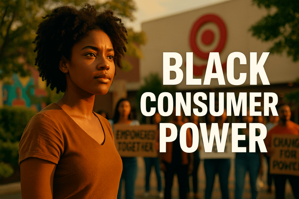 A young Black woman with natural hair stands resolutely outside a Target store during sunset, wearing a denim jacket and mustard shirt. Behind her, a diverse group of protesters holds signs, including one that reads “EMPOWERED TOGETHER.” The store’s red logo is visible in the background. Bold white text over the image reads “BLACK CONSUMER POWER.” The scene evokes themes of unity, economic protest, and social justice.