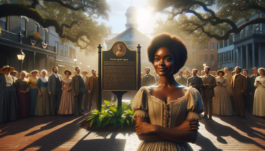 A cinematic style scene of a sunlit Savannah Square, with vibrant greenery surrounding a newly unveiled sign honoring Susie King Taylor. The lighting is warm and golden, casting soft shadows on the ground. In the foreground, a proud Black woman in her 30s, with medium-brown skin and natural hair pulled back elegantly, stands joyfully next to the sign. She is wearing a historic-inspired dress that nods to her heritage with a modern twist. Her expressive eyes reflect determination, pride, and hope as she gestures towards the sign. In the background, a diverse group of onlookers, including men and women of various ethnicities, watch with admiration and appreciation, some capturing the moment with their smartphones. The scene is bathed in a sense of community and progress, symbolizing a momentous occasion in history. Above the sign, the words “Honoring Her Legacy” are subtly highlighted in elegant lettering. The mood is celebratory and uplifting, embodying the victory of remembrance and recognition against a backdrop of Savannah’s historic charm.