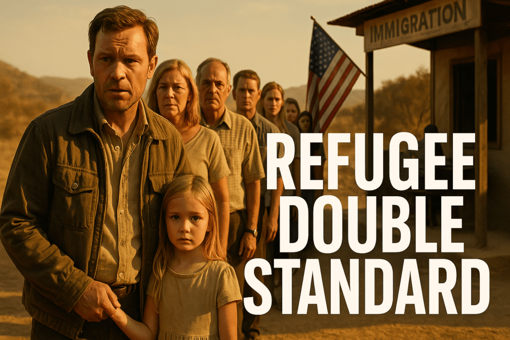 A group of white Afrikaner refugees stands in a dusty immigration line under warm golden light. In the foreground, a worried father in a worn jacket holds his young daughter’s hand as she stares forward with a solemn expression. Behind them, more families wait with anxious and uncertain faces. An American flag hangs above a small immigration booth on the right. The phrase "Refugee Double Standard" appears in large white text on the right third of the image.