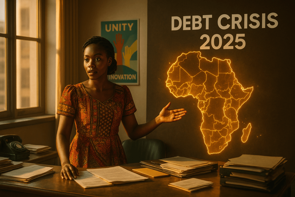 A young African woman in a vibrant traditional dress stands confidently at a government office desk covered with documents. She gestures toward a glowing digital map of Africa on the wall labeled “Debt Crisis 2025.” The room is bathed in warm golden sunlight, with posters behind her promoting unity and innovation, symbolizing hope amid economic and political upheaval.