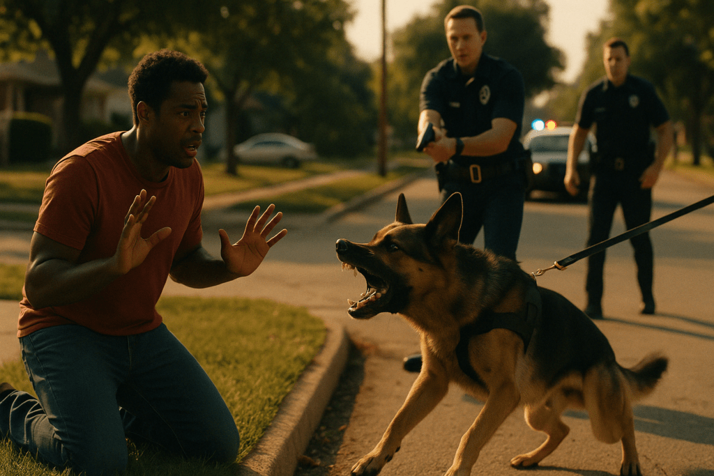 A cinematic style scene captures a tense moment on a sunlit suburban street, where the glow of the late afternoon sun casts long shadows. In the forefront, a distressed Black man in his 30s, with medium brown skin and short curly hair, kneels on the grass, visibly alarmed, as he faces an aggressive police dog lunging toward him. His attire is casual — a red t-shirt and blue jeans — emphasizing his innocence in this alarming situation. Behind him, a police officer, a Caucasian man in a dark uniform, stands with his gun drawn, focused and tense, while a second officer hovers nearby, creating a sense of urgency. The background features a quiet residential street lined with trees, a few parked cars, and a distant view of a police cruiser with flashing lights, subtly indicating the chaos unfolding. The mood reflects an unsettling juxtaposition of power and fear, encapsulated by the man's wide-eyed expression and raised hands, showcasing vulnerability and confusion. The image prominently highlights the police dog's bared teeth, while a faint overlay of the words 
