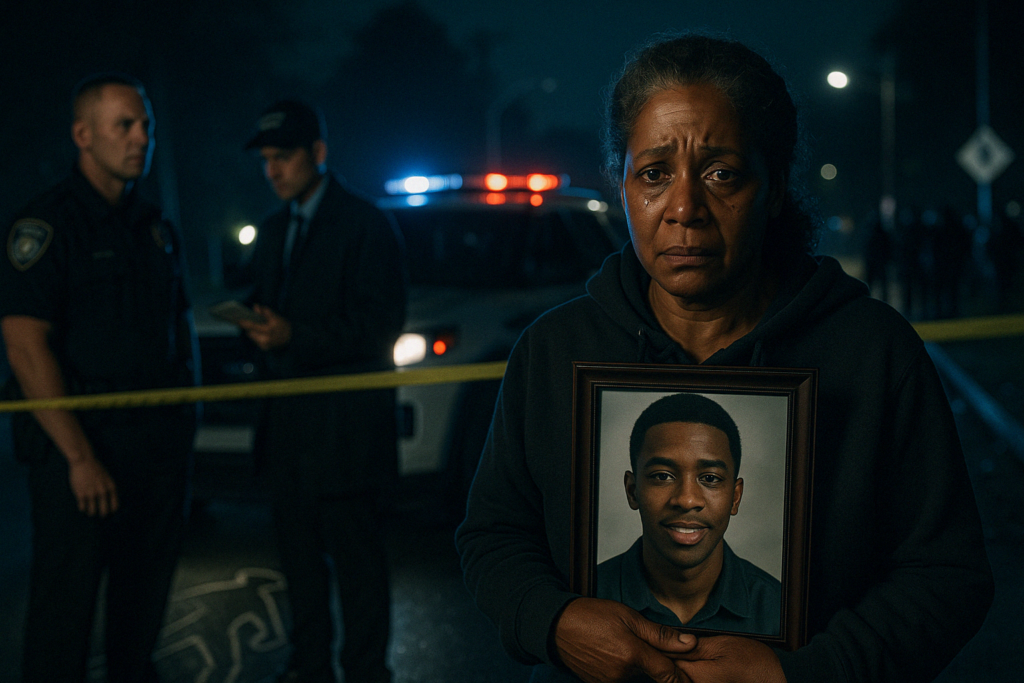 A photograph captures a middle-aged African American woman with salt-and-pepper curls pulled back, standing solemnly at a nighttime crime scene. She wears a dark hoodie and tearfully holds a framed portrait of a young Black man. Behind her, yellow police tape and flashing red-and-blue lights from a patrol SUV illuminate two white male officers near a chalk outline on the damp pavement. The background fades into shadows with distant onlookers and reflective street signs lining a dim Jackson city street.