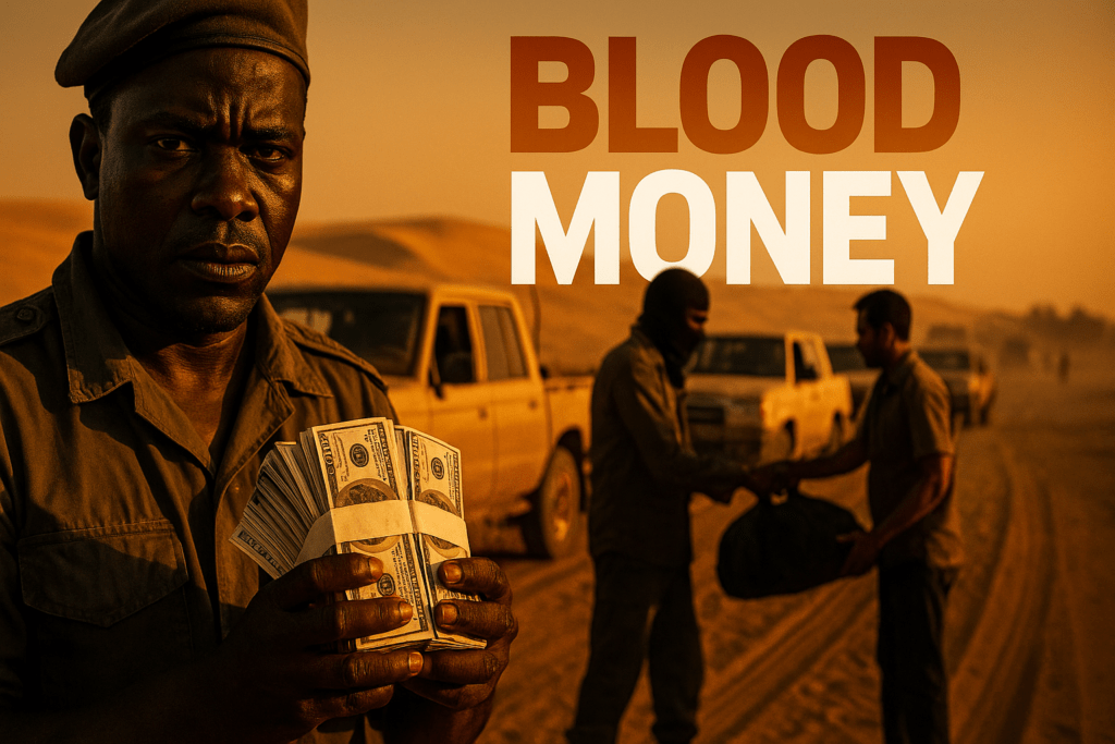 Create a vivid cinematic scene with an Arri Alexa 35 at golden-hour back-light: left third, a determined West African officer in dusty olive fatigues grips seized bundles of crisp dollars catching white highlights; right third, a masked militant slips a cash-filled duffel to a smuggler beside sand-coated 4×4 trucks on a remote Sahel track; background bronze-lit dunes fade into deep black shadows with distant vehicle silhouettes; lead the eye with tire-track lines.