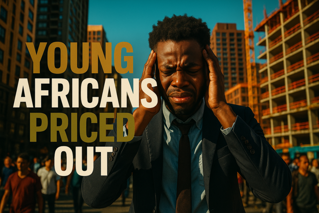 A cinematic image of a frustrated young African professional standing in a crowded urban environment, surrounded by high-rise buildings, with a look of despair reflecting the housing crisis. Bright colors emphasizing the contrast between shadows and light, focusing on the individual's emotional expression. The background features buildings under construction and a clear blue sky. The high impact phrase 'YOUNG AFRICANS PRICED OUT' in bold, eye-catching typography: the word 'YOUNG' in Bronze, 'AFRICANS' in White, and 'PRICED' in Olive Green, ensuring the text stands out against the vibrant background and is positioned within the 15% safe zone from the margins.