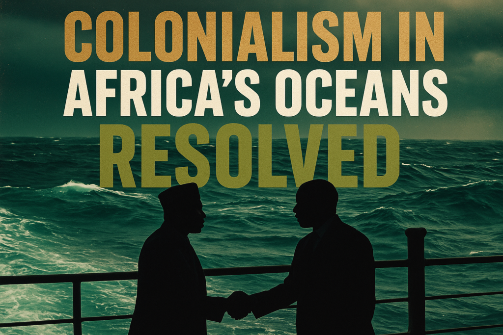A cinematic image of a dramatic ocean scene featuring silhouettes of two African leaders shaking hands on a ship, representing unity and collaboration over maritime boundaries. The background shows turbulent waters with deep colors of blue and green, symbolizing the richness of marine resources. In bold, dynamic font: 'COLONIALISM IN' in Bronze, 'AFRICA'S OCEANS' in White, 'RESOLVED' in Olive. The text bold and large, with a pop effect to stand out against the background, positioned outside the safe margin. The overall color scheme incorporates Black, Olive Green, and Bronze to create contrast and draw the viewer's attention.